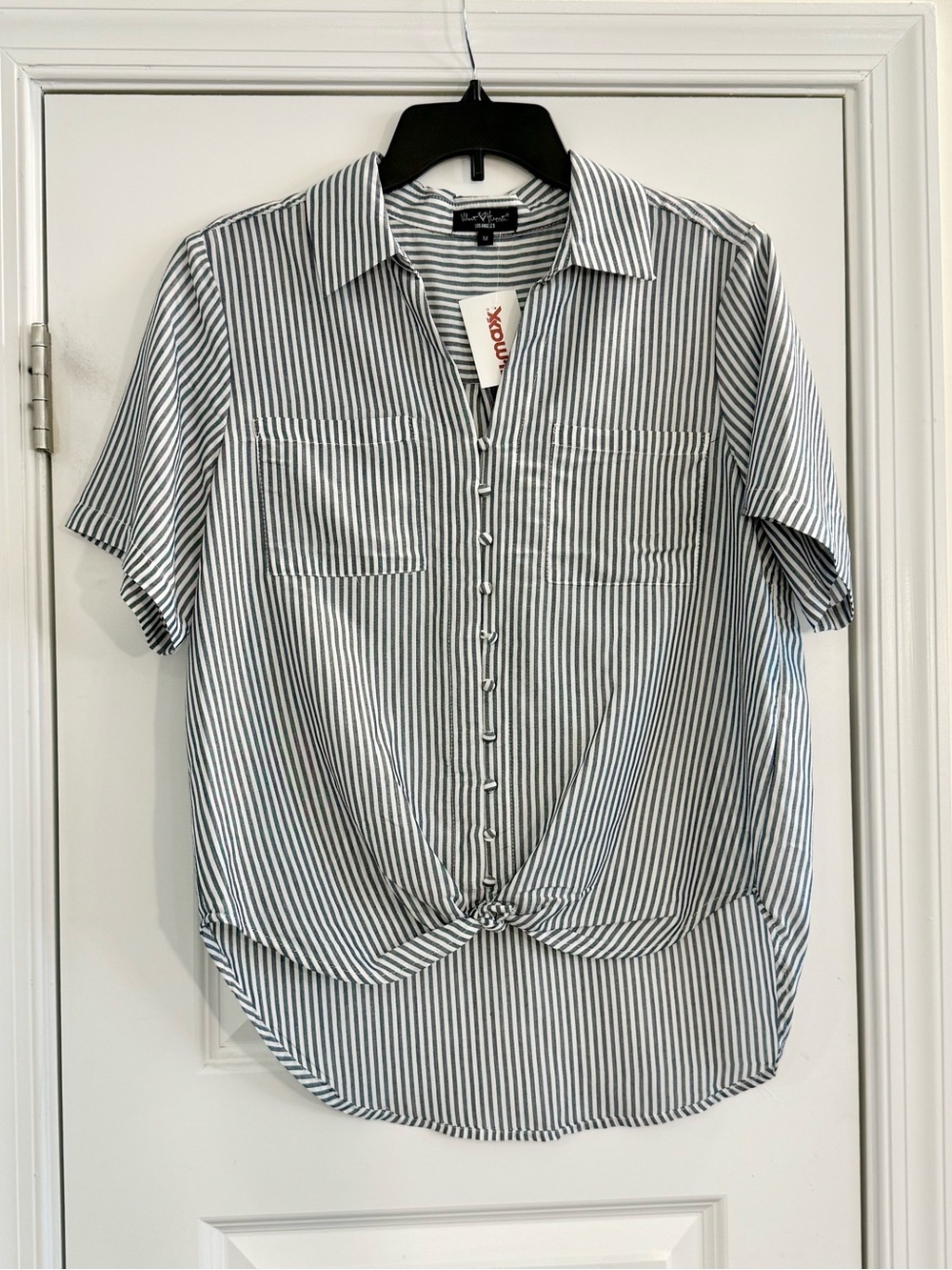 Striped Tie Front Button Down Blouse Coastal Resort Vacation NWT Size M